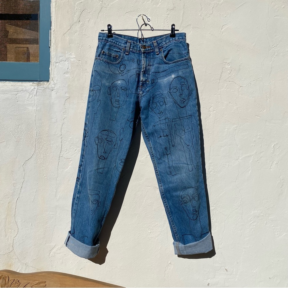 Vintage hand painted fine art face linework painting front/back blue denim jeans